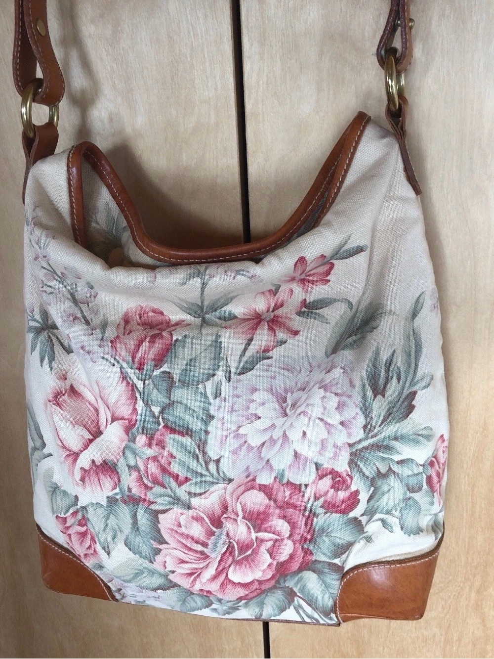 Ralph Lauren gorgeous Floral Canvas Shoulder Bag with Brown Leather Trim